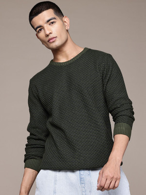 Roadster Self Design Round Neck Casual Men Green Sweater