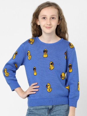 Kids Only Printed Round Neck Casual Girls Blue Sweater