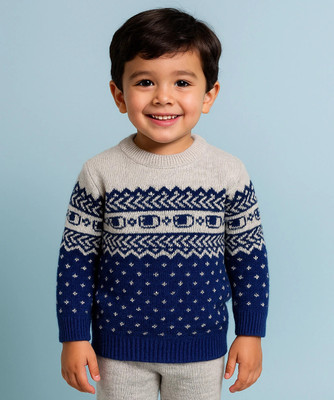 Vaidahee Woven Round Neck Casual Baby Boys Grey, Blue Sweater