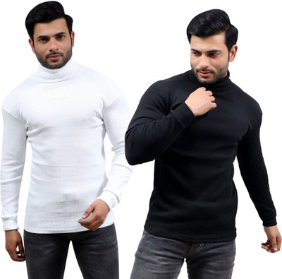 NATRIS Solid High Neck Casual Women Black, White Sweater