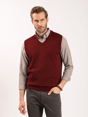 BASE 41 Solid V Neck Casual Men Maroon Sweater