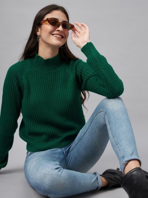 Club York Self Design High Neck Casual Women Green Sweater