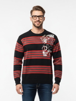 FORWARDS Printed Crew Neck Casual Men Black Sweater