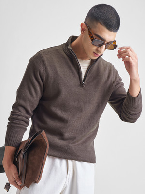 HIGHLANDER Solid High Neck Casual Men Brown Sweater