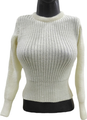 JEFFY Woven Round Neck Casual Women White Sweater