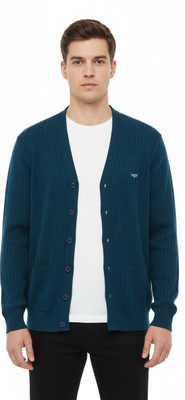 VOMAZO Solid V Neck Formal Men Blue Sweater