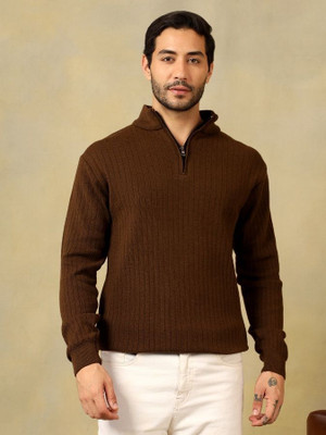Voxmonks Self Design High Neck Casual Men Brown Sweater