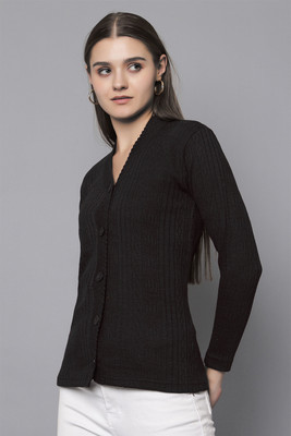 hifzaa Self Design V Neck Casual Women Black Sweater