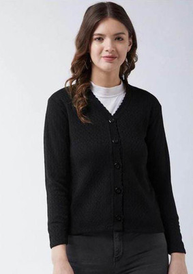 Sanzzy Solid V Neck Casual Women Black Sweater