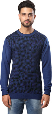 Raymond Self Design Round Neck Casual Men Blue Sweater