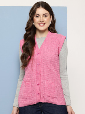 METRONAUT Self Design V Neck Casual Women Pink Sweater