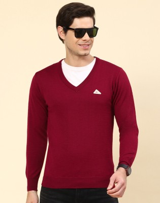 MONTE CARLO Solid V Neck Casual Men Maroon Sweater