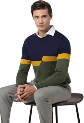 Super Weston Trend Striped, Colorblock Round Neck Casual Men Blue, Green Sweater