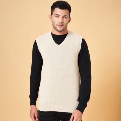 Byford by Pantaloons Solid V Neck Casual Men Beige Sweater