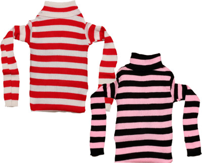 MTI FASHIONS Striped High Neck Casual Baby Girls Multicolor Sweater