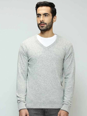 INDIAN TERRAIN Solid V Neck Casual Men Black Sweater