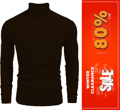 Cat Bunny Self Design High Neck Casual Men Brown Sweater