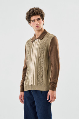 Snitch Geometric Print Crew Neck Casual Men Brown Sweater