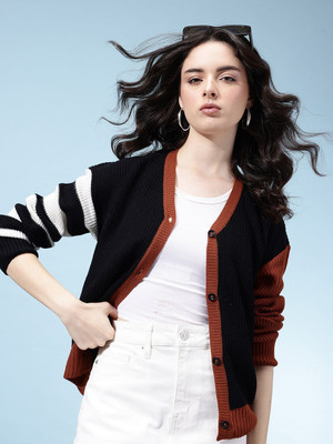 Glitchez Colorblock V Neck Casual Women Black, Brown, White Sweater