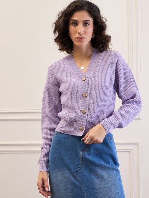 SASSAFRAS Self Design V Neck Casual Women Purple Sweater