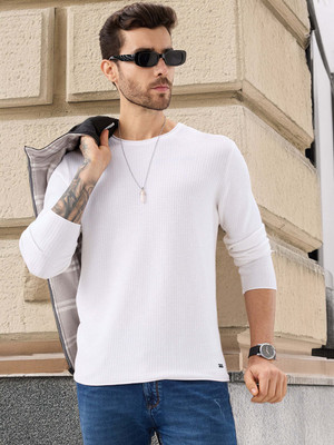 Status Quo Solid Round Neck Casual Men White Sweater