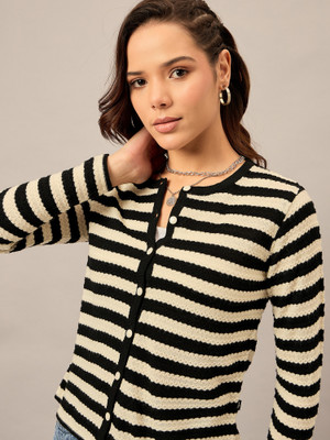 Roadster Striped Round Neck Casual Women Black Sweater
