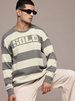 Roadster Striped Round Neck Casual Men Grey Sweater