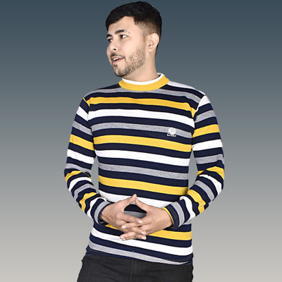 Marc Laurent Striped Round Neck Casual Men Yellow Sweater