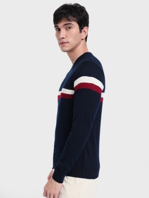 BEWAKOOF Striped Round Neck Casual Men Blue Sweater