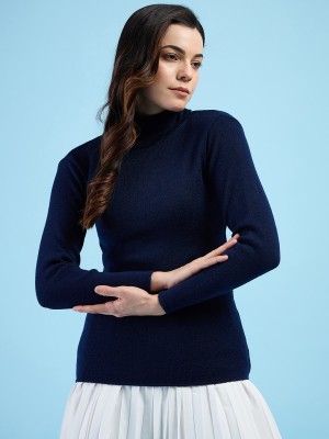 TEE TREE Solid High Neck Casual Women Dark Blue Sweater