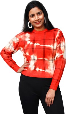 Preety World Checkered Round Neck Casual Women Orange Sweater