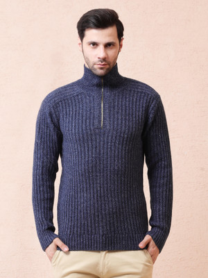 NOQUO Solid Turtle Neck Casual Men Dark Blue Sweater