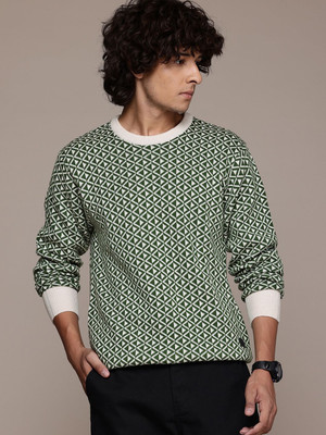 Roadster Self Design Round Neck Casual Men Green Sweater
