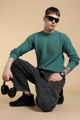 FASHLOOK Self Design Round Neck Casual Men Green Sweater