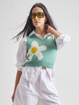 Tokyo Talkies Floral Print V Neck Casual Women Blue Sweater