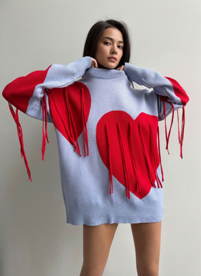 Sold For Style Self Design Crew Neck Casual Women Blue Sweater