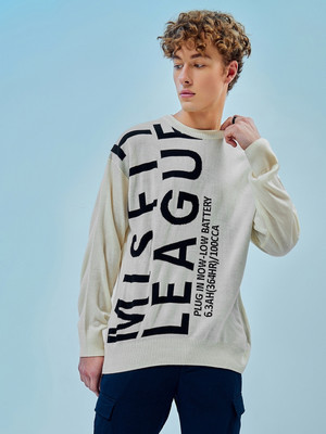 BEWAKOOF Printed Round Neck Casual Men Beige Sweater