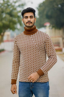 Krop Fashion Geometric Print High Neck Casual Men Brown Sweater