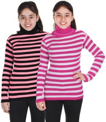 100LUCK Striped Turtle Neck Casual Girls Multicolor Sweater