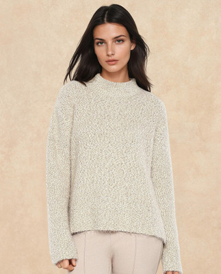 RAREISM Self Design High Neck Casual Women Beige Sweater