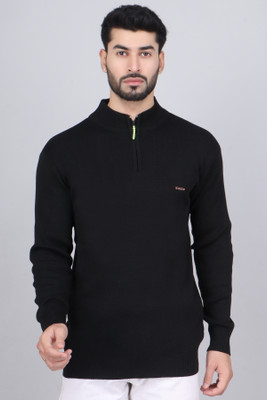 FEVERFEW Self Design Collared Neck Casual Men Black Sweater