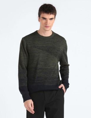 FLYING MACHINE Self Design Crew Neck Casual Men Dark Green Sweater