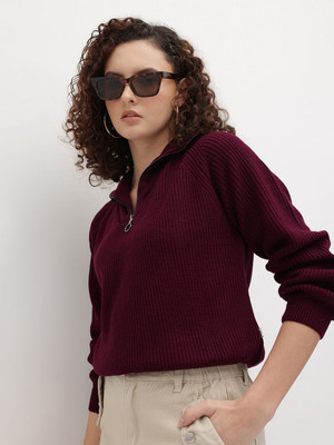 Roadster Solid Collared Neck Casual Women Brown Sweater