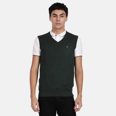 t-base Solid V Neck Casual Men Green Sweater