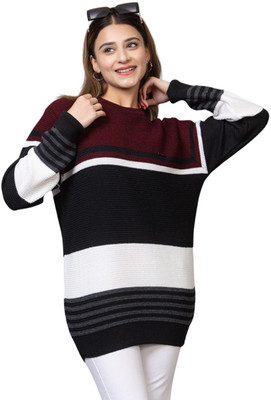 WAY TO TRENDY Striped Round Neck Casual Women Maroon Sweater