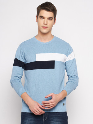 DUKE Colorblock Round Neck Casual Men Blue Sweater