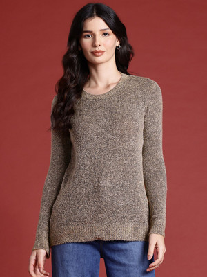 all about you Solid Round Neck Casual Women Brown Sweater