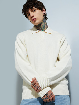 MAX Solid Collared Neck Casual Men White Sweater