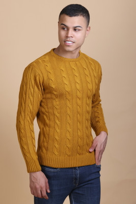 DZANT Self Design Round Neck Casual Men Yellow Sweater