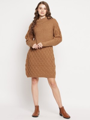 KASMA Checkered Turtle Neck Casual Women Brown Sweater